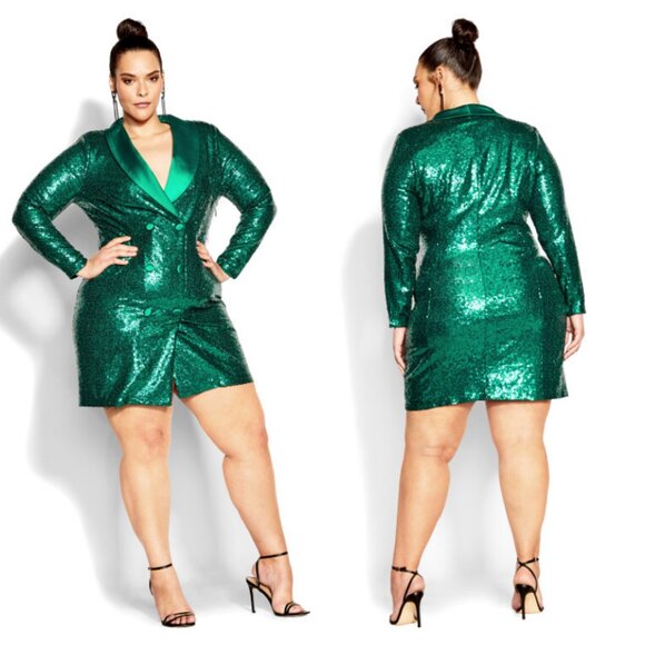 NWT City Chic Emerald Green Sequin Double Breasted Button Front Mini Dress 22 - Picture 1 of 11